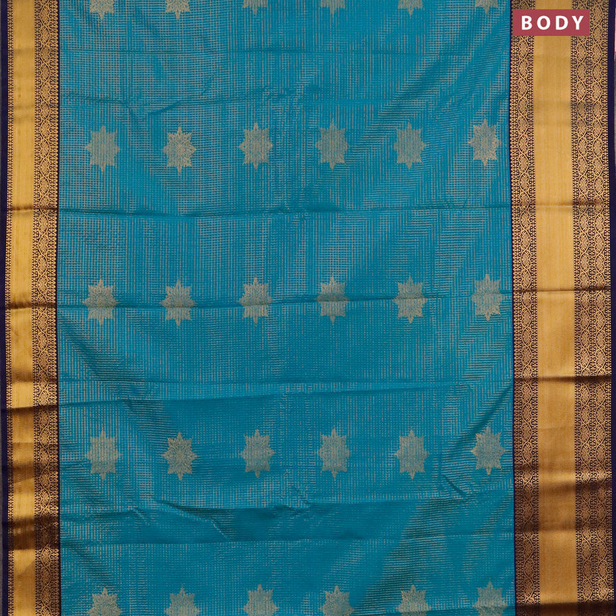 Semi kanjivaram silk saree dual shade of blue and navy blue with allover zari checks & buttas and long zari woven korvai border