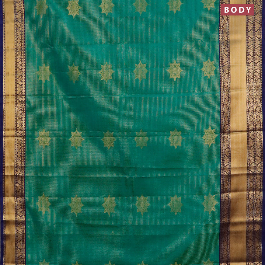 Semi kanjivaram silk saree green and navy blue with allover zari checks & buttas and long zari woven korvai border