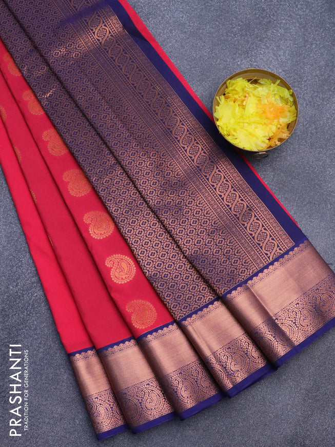 Semi kanjivaram silk saree pink and blue with copper zari woven paisley buttas and copper zari woven korvai border