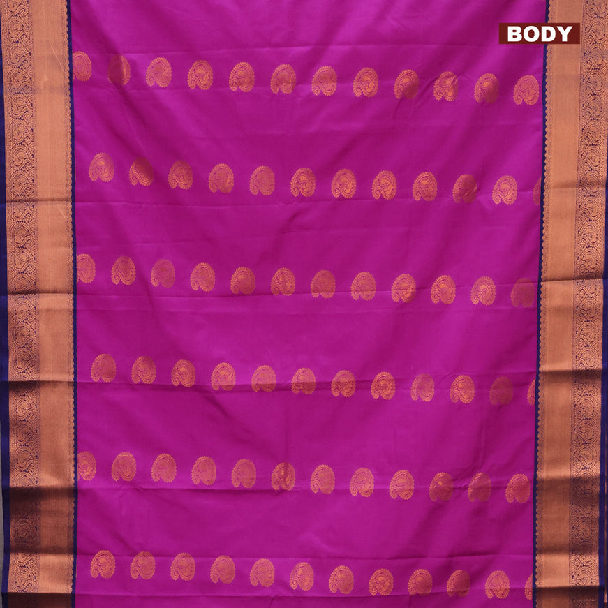 Semi kanjivaram silk saree purple and blue with copper zari woven paisley buttas and copper zari woven korvai border