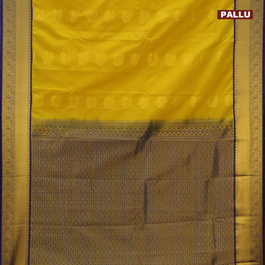 Semi kanjivaram silk saree mustard yellow and blue with zari woven paisley buttas and paisley zari woven korvai border