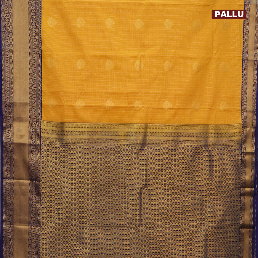 Semi kanjivaram silk saree mustard yellow and blue with allover zari checks & buttas and zari woven korvai border