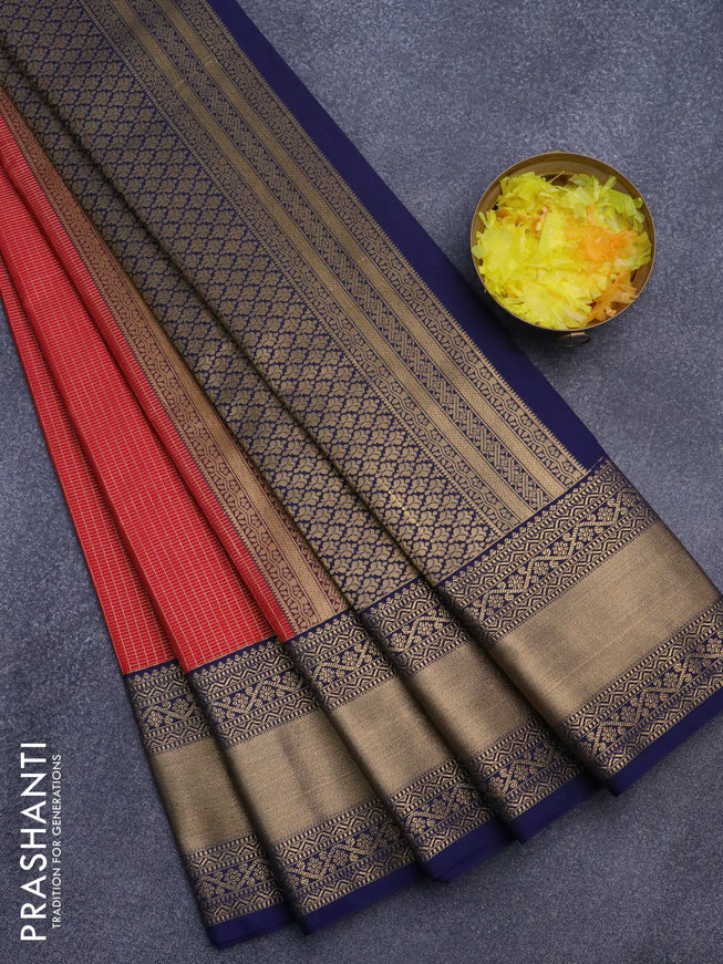Semi kanjivaram silk saree red and blue with allover zari checks & buttas and zari woven korvai border