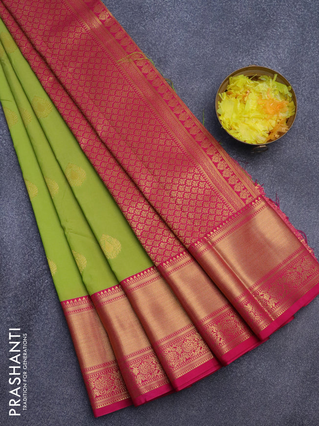 Semi kanjivaram silk saree light green and pink with zari woven buttas and zari woven korvai border