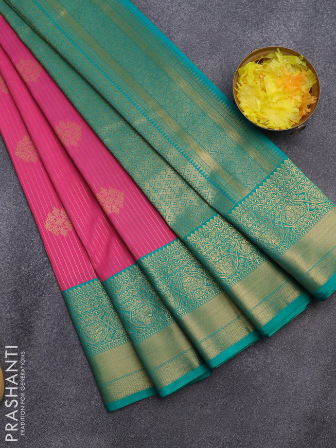 Semi kanjivaram silk saree pink and teal green with allover zari weaves & buttas and zari woven korvai border
