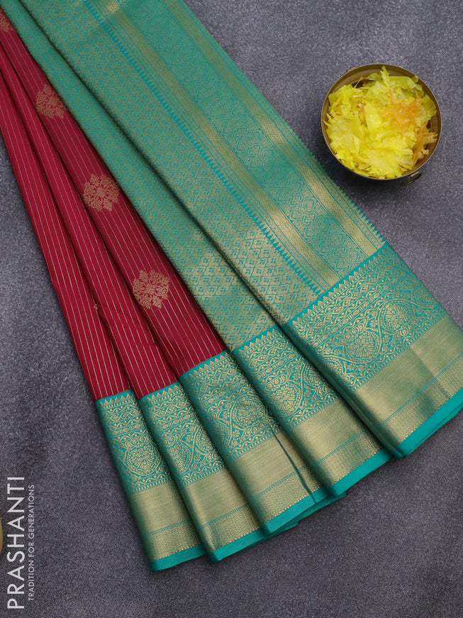 Semi kanjivaram silk saree reddish pink and teal green with allover zari weaves & buttas and zari woven korvai border