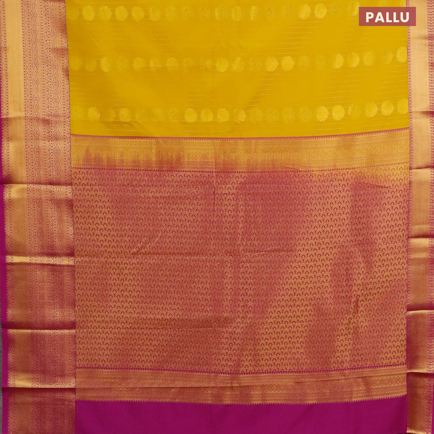 Semi kanjivaram silk saree mustard yellow and purple with allover zari weaves & buttas and long zari woven korvai border