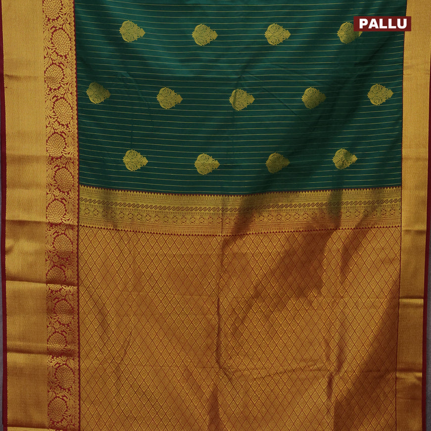 Semi kanjivaram silk saree dark green and maroon with allover zari weaves & buttas and zari woven korvai border