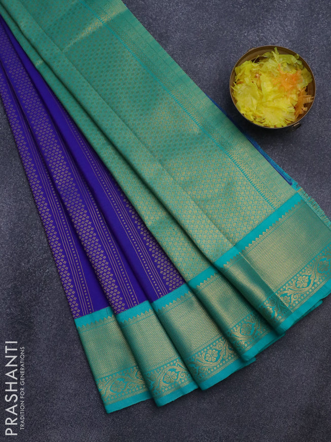 Semi kanjivaram silk saree blue and teal blue with allover zari weaves & buttas and zari woven korvai border