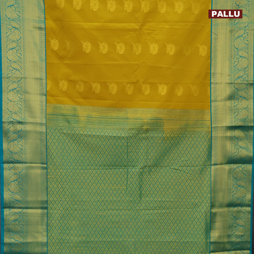 Semi kanjivaram silk saree mustard yellow and teal blue with zari woven buttas and zari woven korvai border