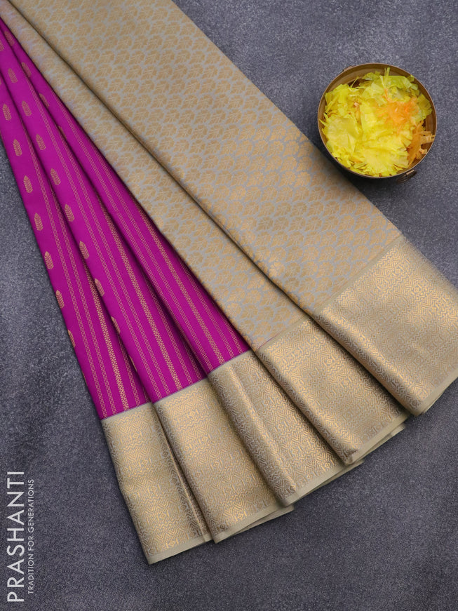Semi kanjivaram silk saree magenta pink and sandal with allover zari weaves and zari woven korvai border