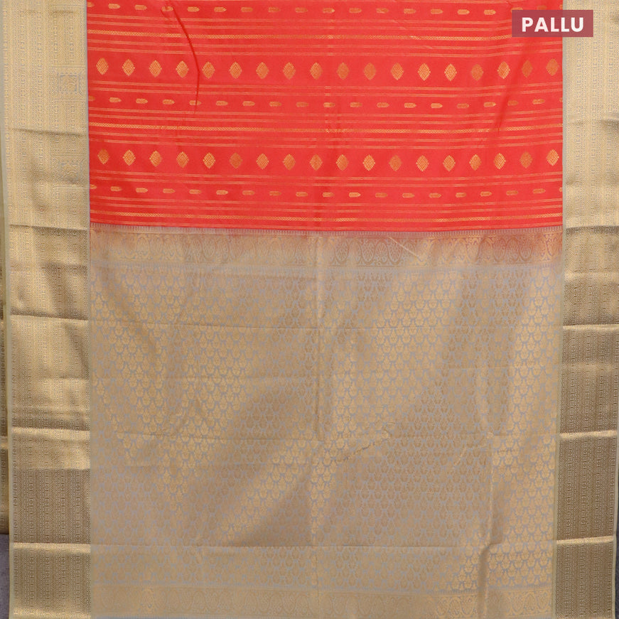 Semi kanjivaram silk saree pinkish orange and dual shade of greyish beige with allover zari weaves and zari woven korvai border