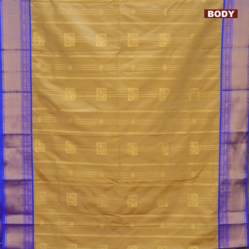 Semi kanjivaram silk saree sandal and blue with allover zari weaves and zari woven korvai border