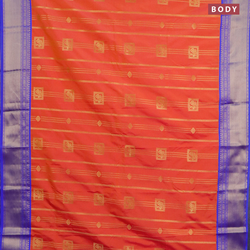 Semi kanjivaram silk saree dual shade of orangish pink and blue with allover zari weaves and zari woven korvai border