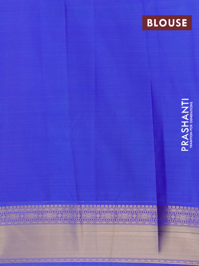 Semi kanjivaram silk saree mango yellow and blue with allover zari weaves and zari woven korvai border