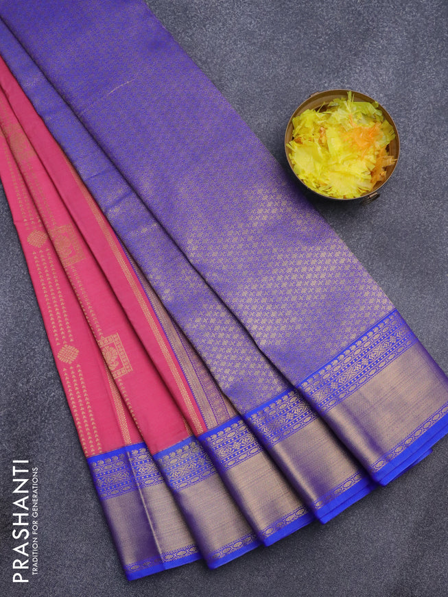 Semi kanjivaram silk saree pink and blue with allover zari weaves and zari woven korvai border