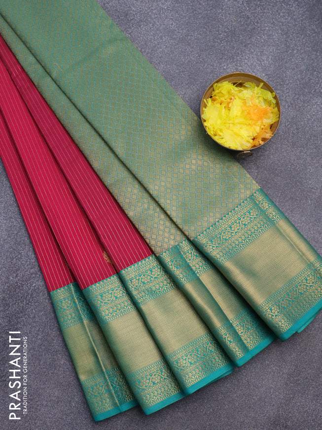Semi kanjivaram silk saree dark pink and teal green with allover zari weaves & buttas and long zari woven korvai border