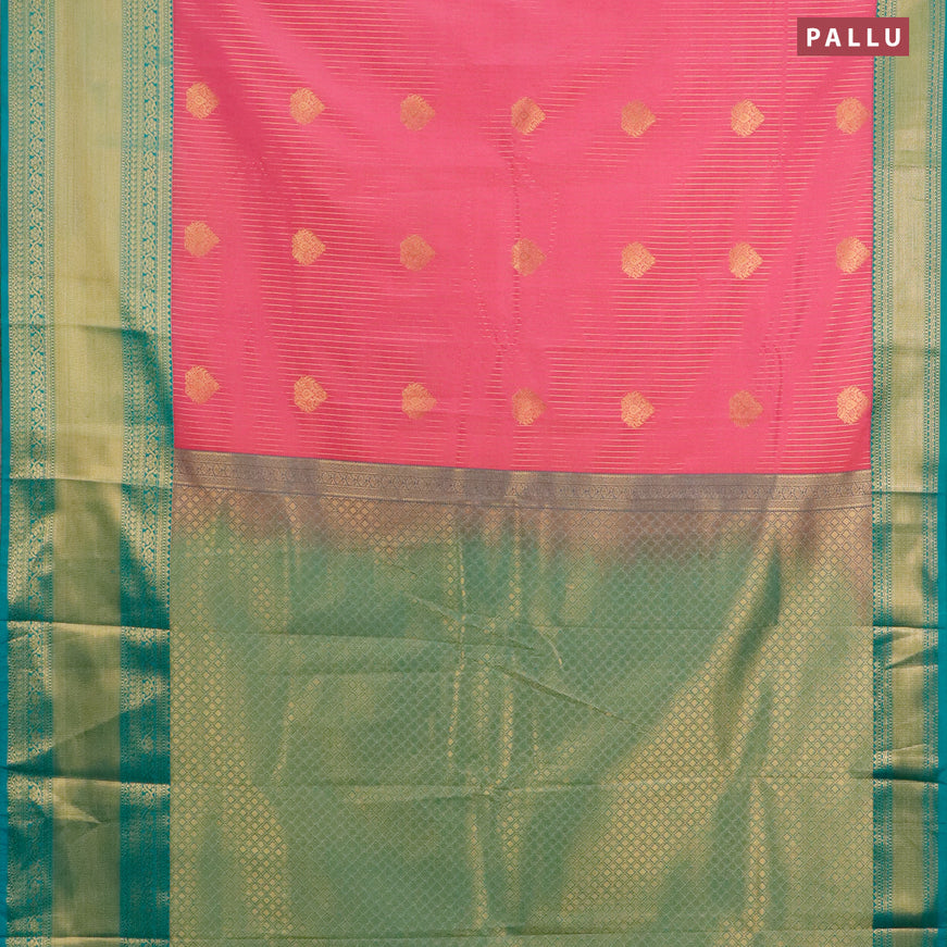 Semi kanjivaram silk saree pink shade and teal green with allover zari weaves & buttas and long zari woven korvai border