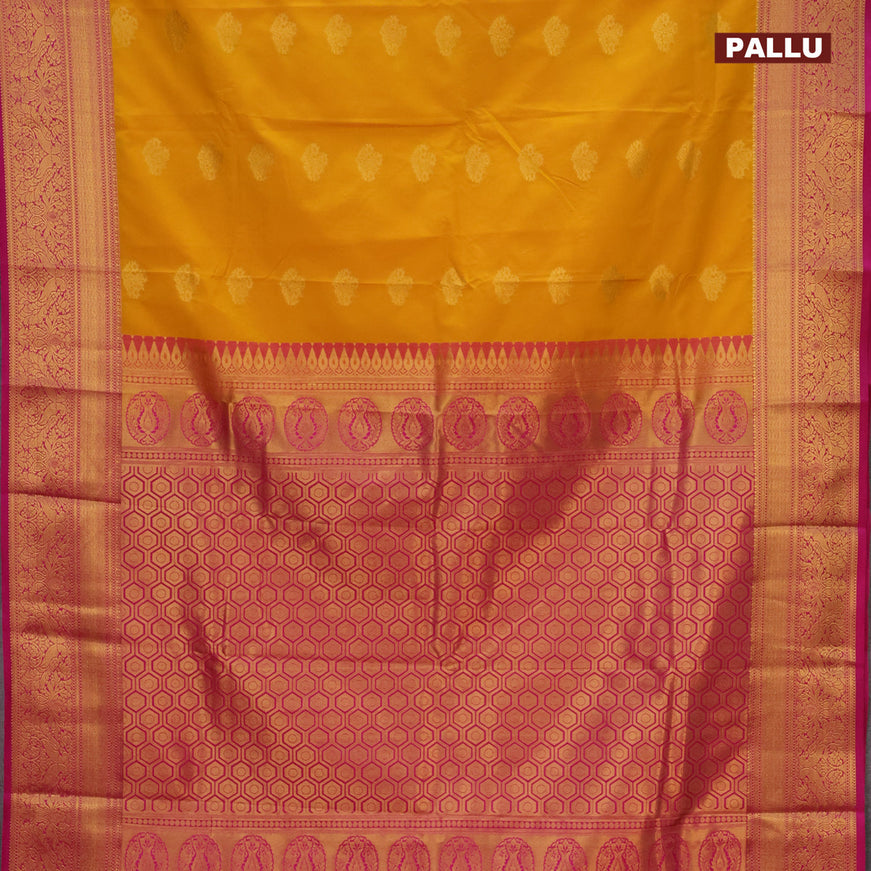 Semi kanjivaram silk saree mango yellow and pink with zari woven buttas and zari woven korvai border