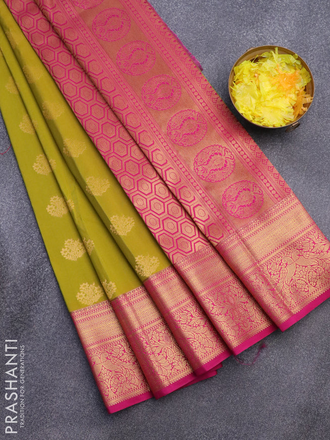 Semi kanjivaram silk saree lime green and pink with zari woven buttas and zari woven korvai border