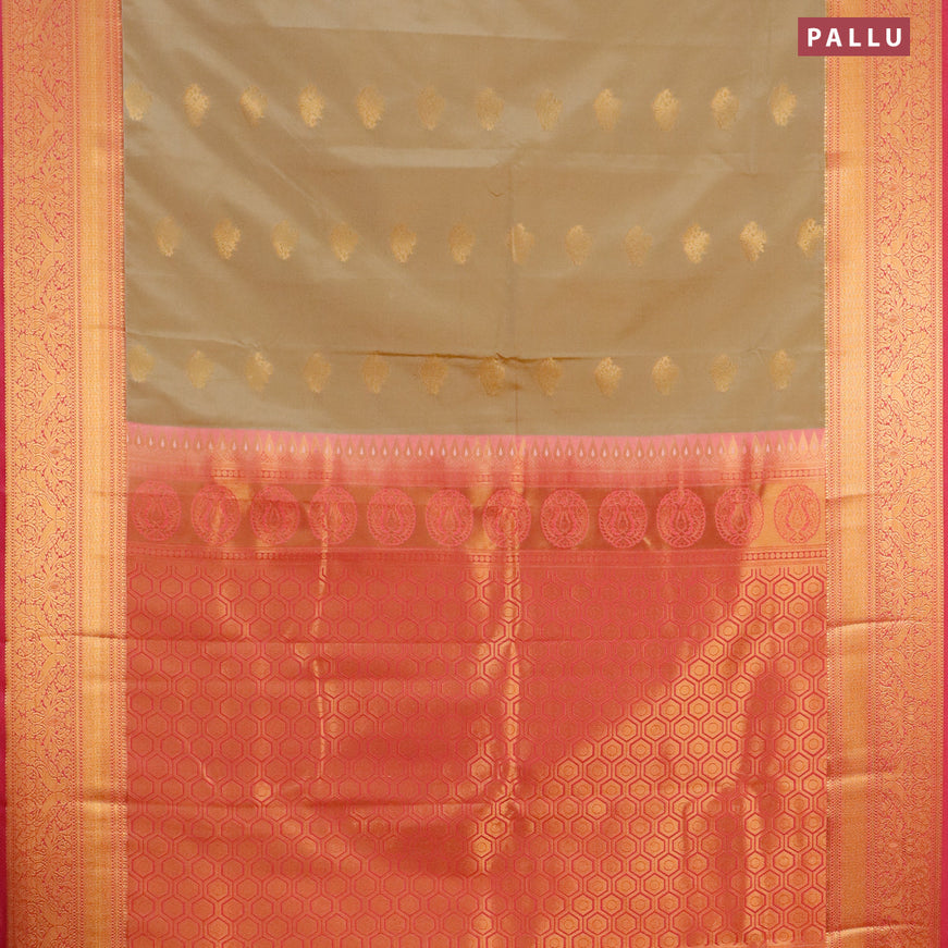 Semi kanjivaram silk saree beige and pink with zari woven buttas and zari woven korvai border
