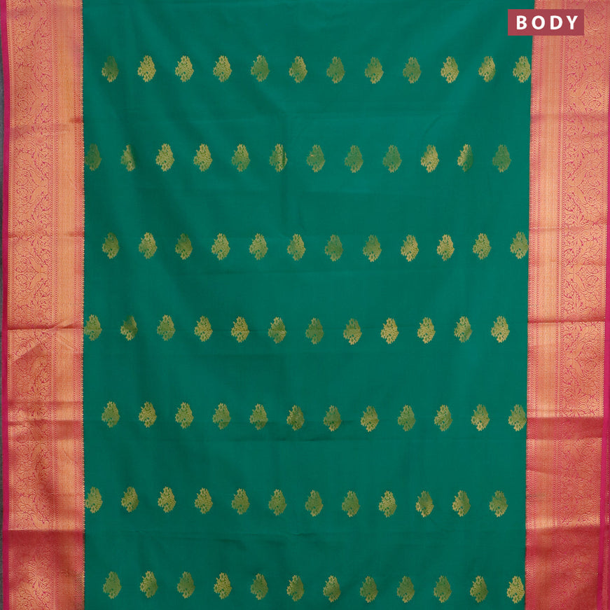 Semi kanjivaram silk saree teal green and pink with zari woven buttas and zari woven korvai border