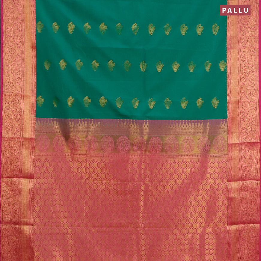 Semi kanjivaram silk saree teal green and pink with zari woven buttas and zari woven korvai border