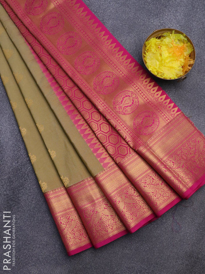 Semi kanjivaram silk saree elaichi green and pink with zari woven buttas and zari woven korvai border