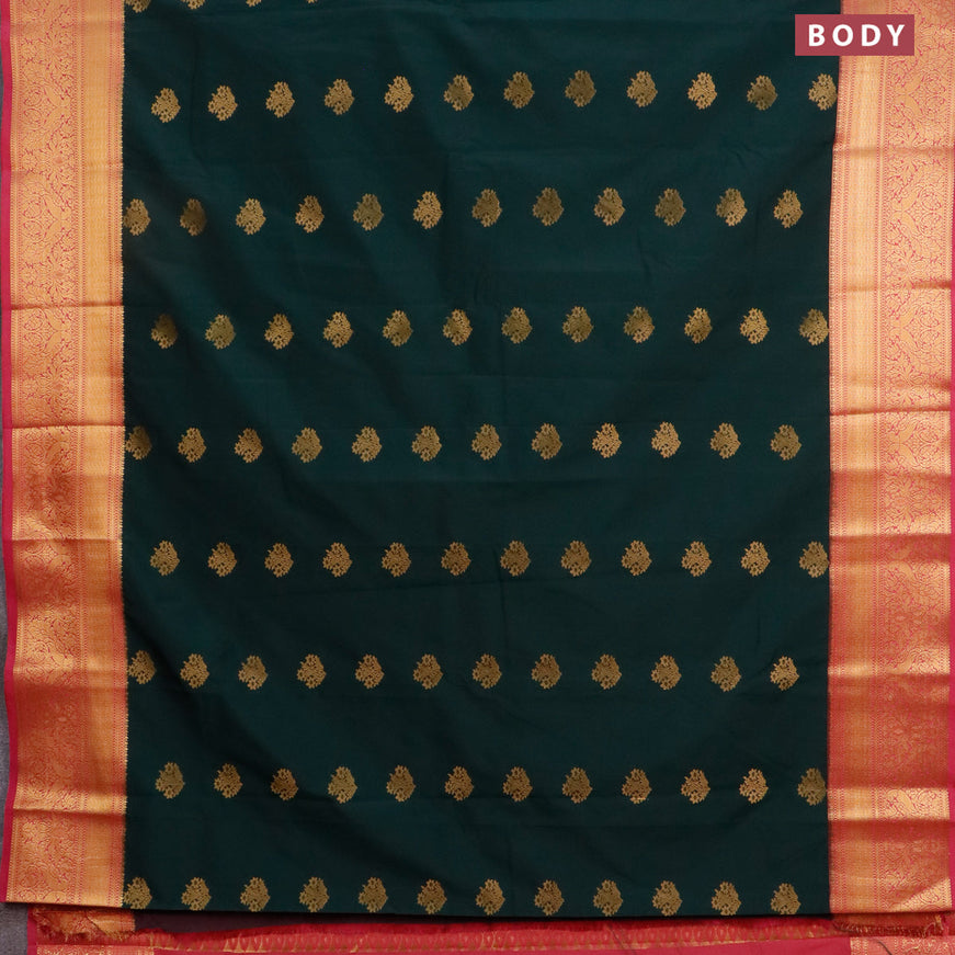 Semi kanjivaram silk saree dark green and pink with zari woven buttas and zari woven korvai border