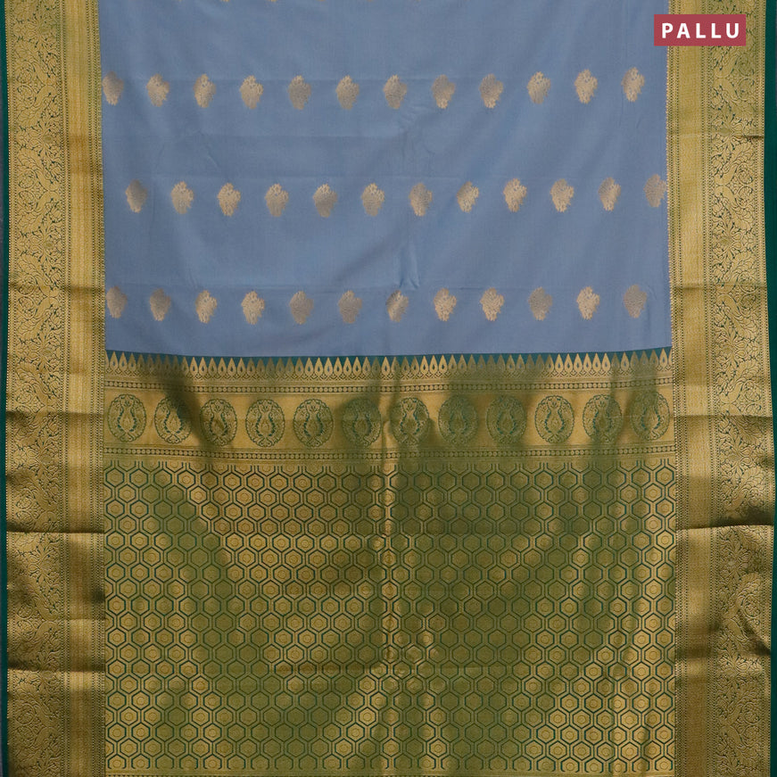 Semi kanjivaram silk saree grey and green with zari woven buttas and zari woven korvai border