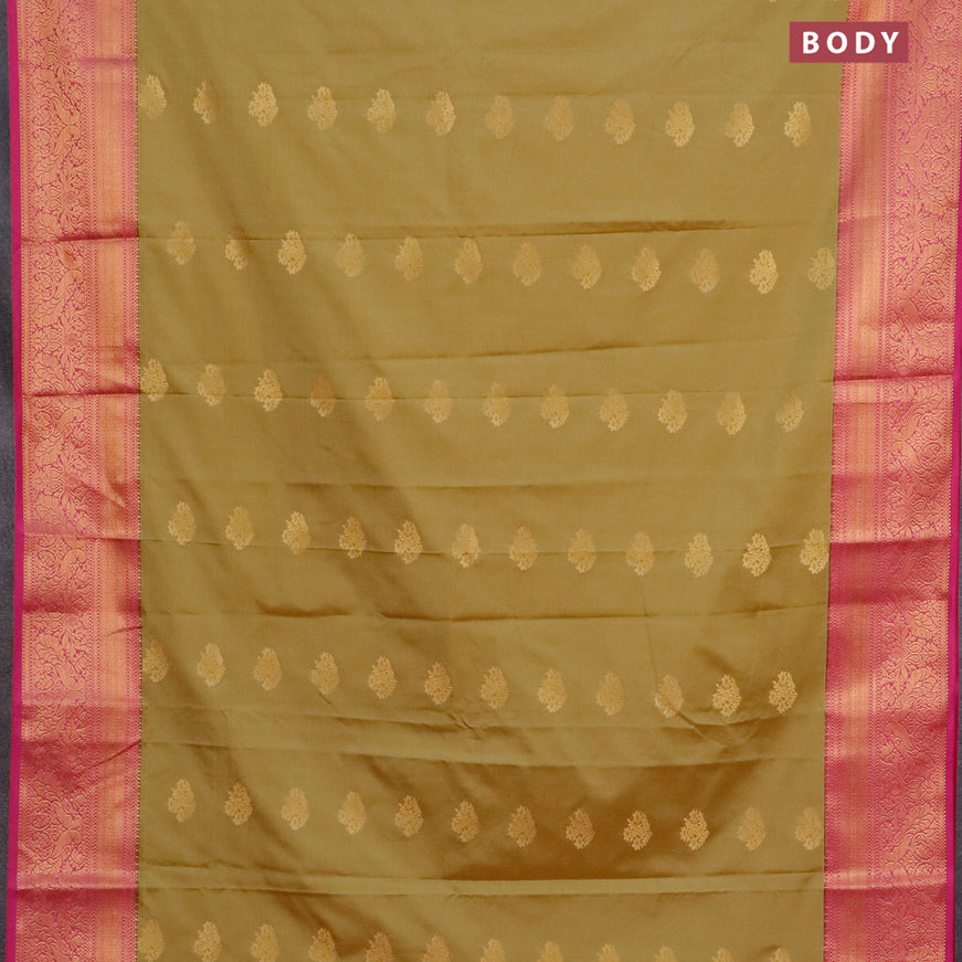 Semi kanjivaram silk saree elaichi green shade and pink with zari woven buttas and zari woven korvai border