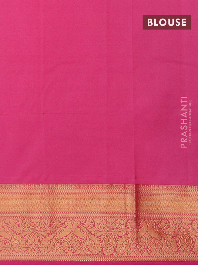 Semi kanjivaram silk saree elaichi green shade and pink with zari woven buttas and zari woven korvai border