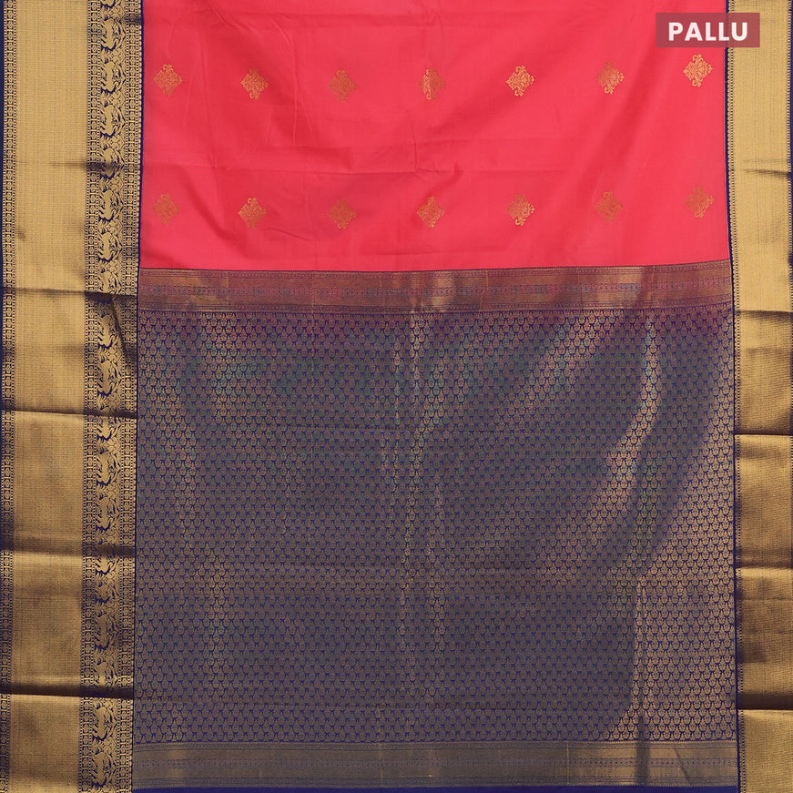 Semi kanjivaram silk saree peach pink and dual shade of bluish green with zari woven buttas and long zari woven korvai border