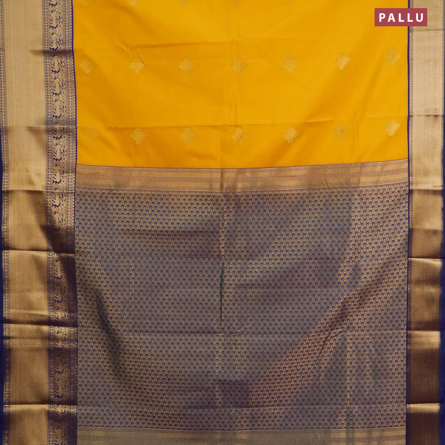 Semi kanjivaram silk saree yellow and dual shade of bluish green with zari woven buttas and long zari woven korvai border