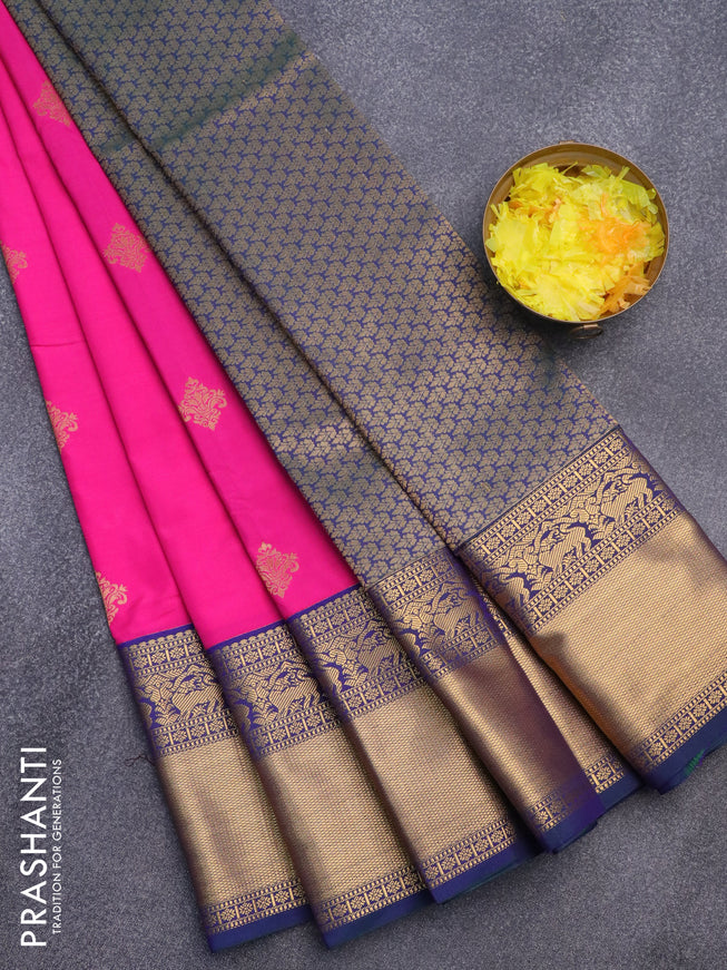 Semi kanjivaram silk saree pink and dual shade of bluish green with zari woven buttas and long zari woven korvai border