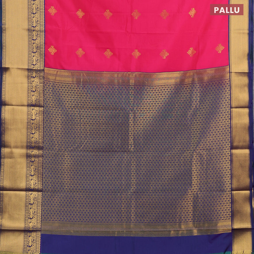 Semi kanjivaram silk saree pink and dual shade of bluish green with zari woven buttas and long zari woven korvai border