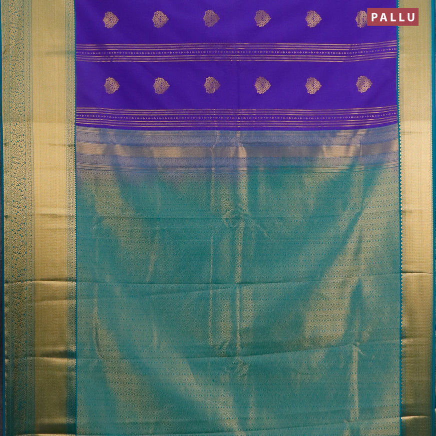 Semi kanjivaram silk saree blue and teal green with allover zari weaves & buttas and long zari woven korvai border