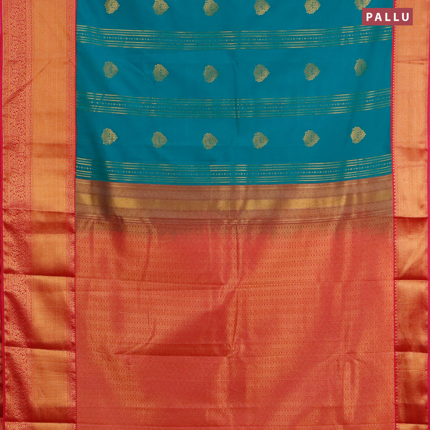 Semi kanjivaram silk saree teal green and pink with allover zari weaves & buttas and long zari woven korvai border
