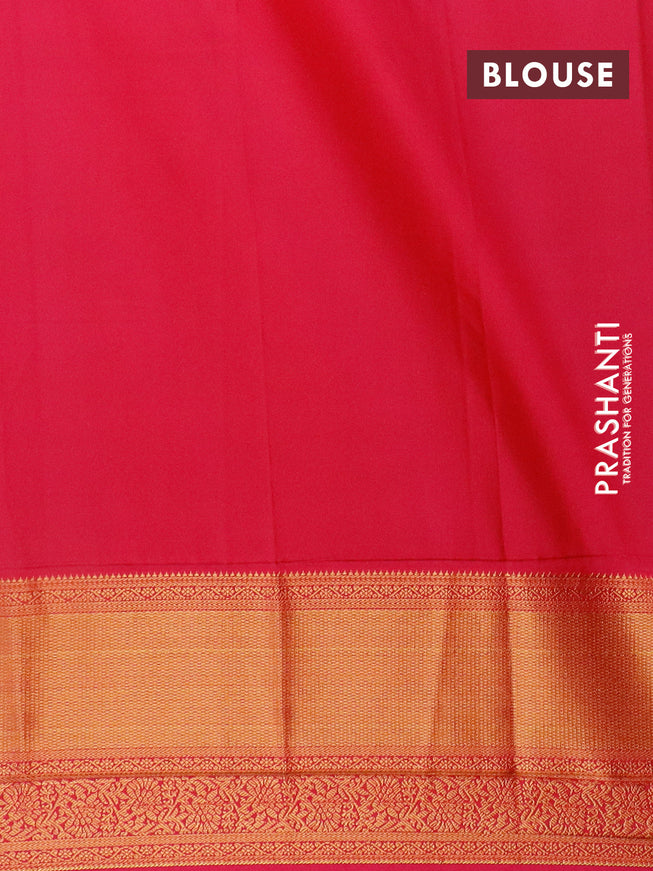 Semi kanjivaram silk saree teal green and pink with allover zari weaves & buttas and long zari woven korvai border