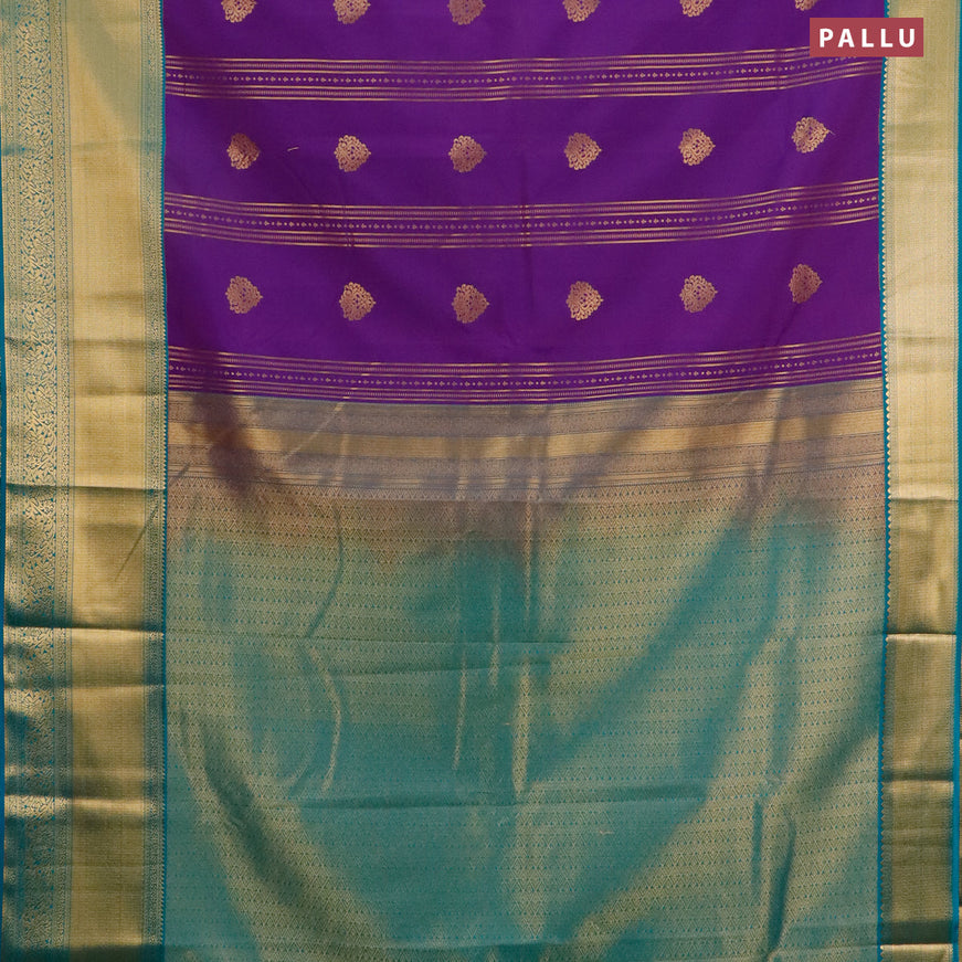 Semi kanjivaram silk saree violet and teal green with allover zari weaves & buttas and long zari woven korvai border