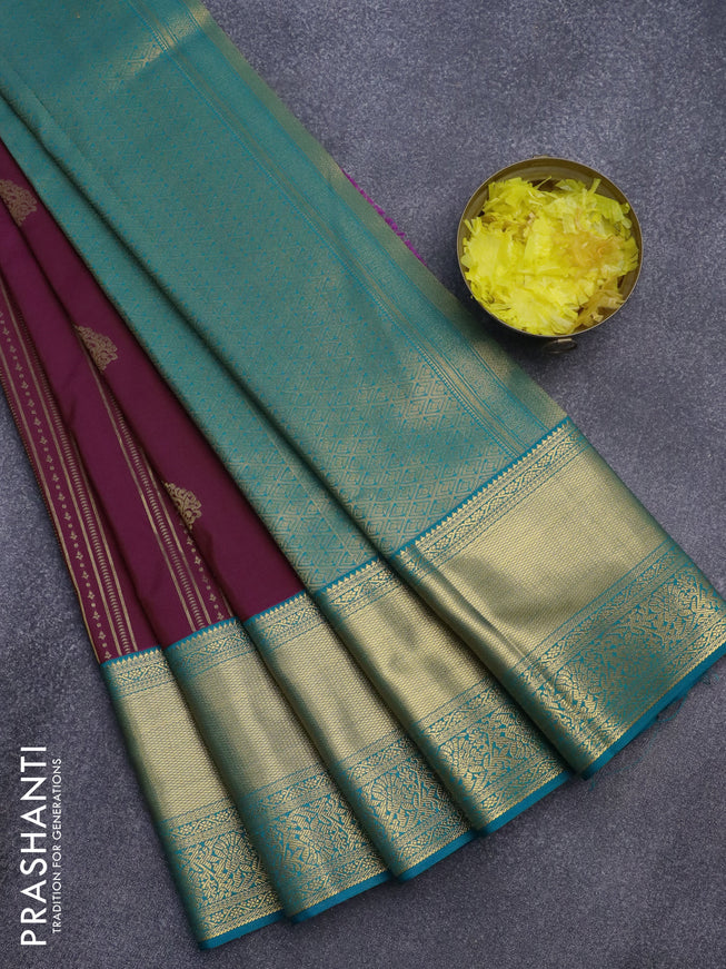 Semi kanjivaram silk saree dark magenta and teal green with allover zari weaves & buttas and long zari woven korvai border