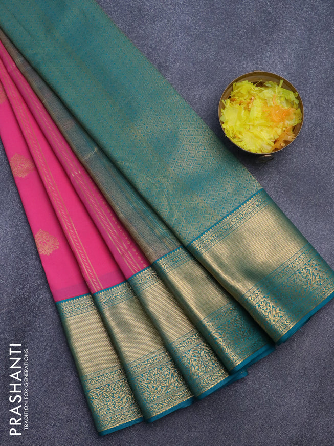 Semi kanjivaram silk saree pink and teal green with allover zari weaves & buttas and long zari woven korvai border