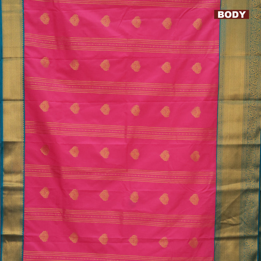 Semi kanjivaram silk saree pink and teal green with allover zari weaves & buttas and long zari woven korvai border