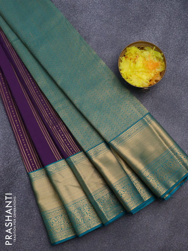 Semi kanjivaram silk saree deep purple and teal green with allover zari weaves & buttas and long zari woven korvai border