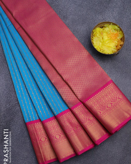 Semi kanjivaram silk saree cs blue and pink with allover zari weaves and zari woven korvai border