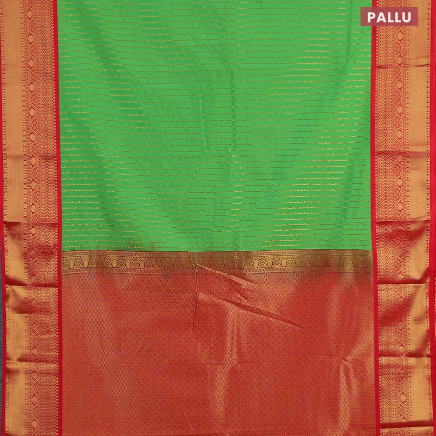 Semi kanjivaram silk saree light green and red with allover zari weaves and zari woven korvai border