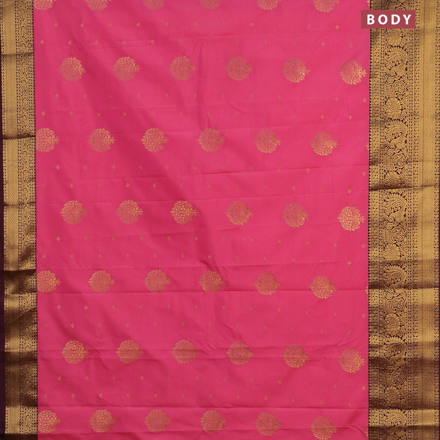 Semi kanjivaram silk saree pink and wine shade with zari woven buttas and long zari woven korvai border