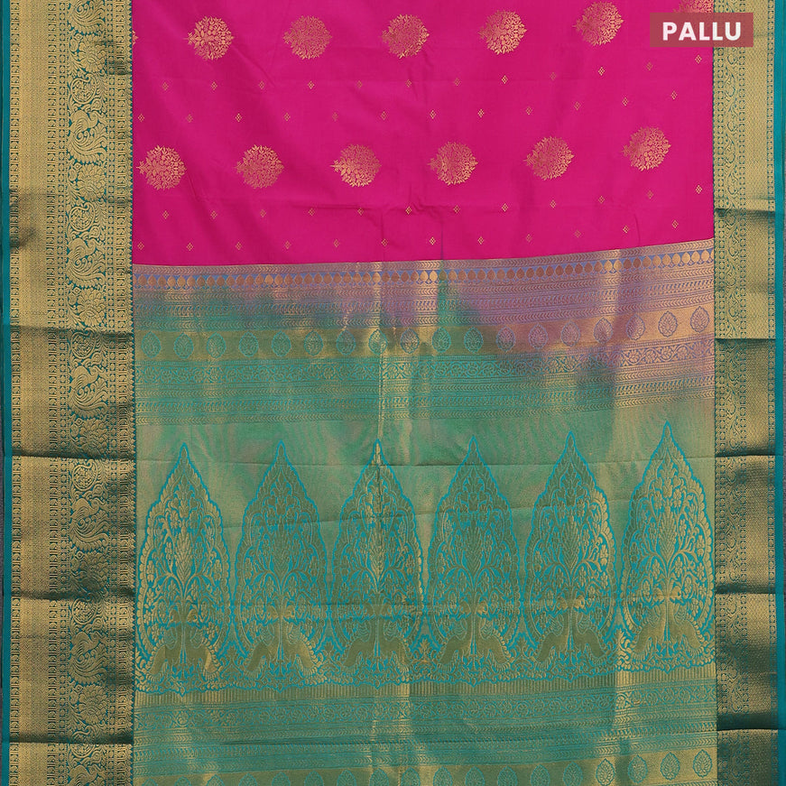 Semi kanjivaram silk saree pink and teal green with zari woven buttas and long zari woven korvai border