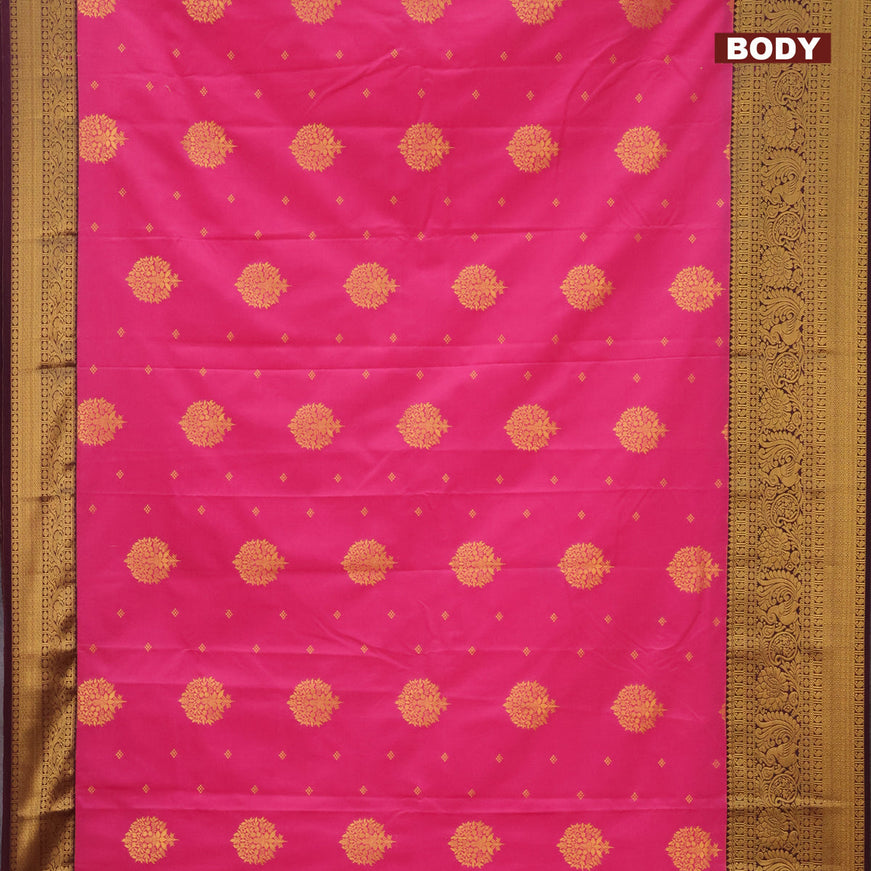 Semi kanjivaram silk saree pink and wine shade with zari woven buttas and long zari woven korvai border