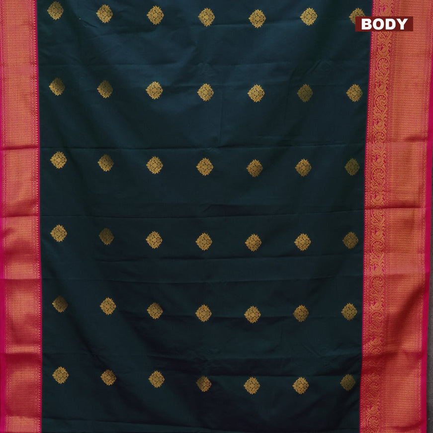 Semi kanjivaram silk saree dual shade of dark greenish blue and pink with zari woven buttas and zari woven korvai border